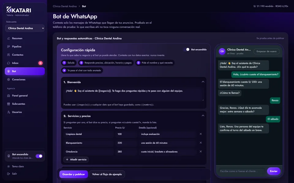 Editor del bot del CRM con la vista previa en un teléfono